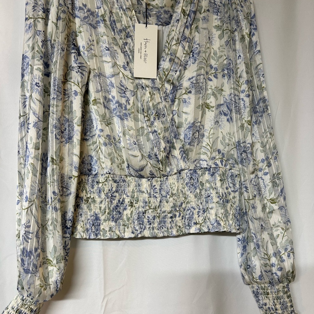 Anthropologie Floral Blouse in Blue and Cream